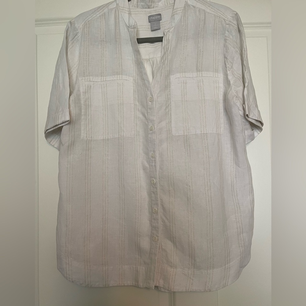 CHICO'S  Metallic Stripe Lightweight Linen Camp Shirt Size Chico's 2 (12/14)
